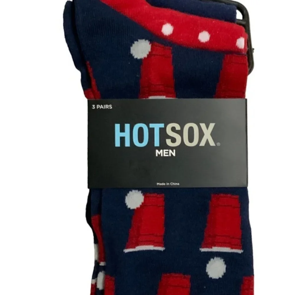 Hot Sox Beer Pong Socks 3 Pair Men’s Gift Pack Navy Red Polka Dot Size 10-13